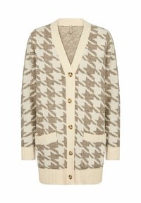 Beige and cream houndstooth cardigan, featuring a V-neck, five buttons, ribbed cuffs and hem, and two front pockets. Soft knitted texture.