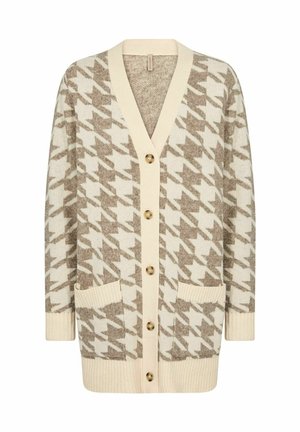 Beige en crèmekleurige houndstooth cardiagan, met een V-hals, vijf knopen, geribde manchetten en zoom, en twee voorzakken. Zachte gebreide structuur.