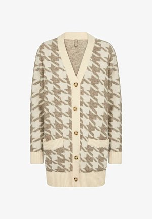 Beige und cremefarbener Hahnentritt-Kardigan mit V-Ausschnitt, fünf Knöpfen, gerippten Bündchen und Saum sowie zwei vorderen Taschen. Weiche Stricktextur.