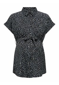 Robe chemise noire avec motif parsemé blanc et bleu clair, devant à boutons, manches courtes, et ceinture ajustable à la taille pour un meilleur ajustement.