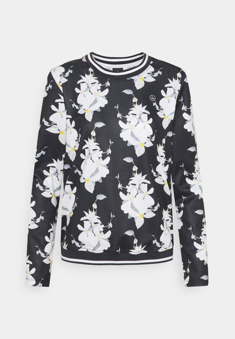 Sweat-shirt floral noir avec des fleurs blanches et des accents jaunes. Manches longues et col rayé. Texture de tissu lisse.
