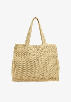 Borsa tote intrecciata color beige con due manici larghi, forma rettangolare e motivo a trama aperta e testurizzata.
