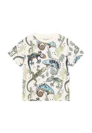 Kurzärmeliges Baumwoll-T-Shirt mit farbenfrohem Chamäleon- und Eidechsendruck auf cremefarbenem Hintergrund mit Kaktusillustrationen.