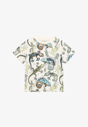 T-shirt in cotone a maniche corte con stampa colorata di camaleonte e lucertola su sfondo crema con illustrazioni di cactus.