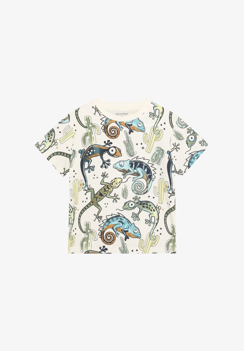 Kurzärmeliges Baumwoll-T-Shirt mit farbenfrohem Chamäleon- und Eidechsendruck auf cremefarbenem Hintergrund mit Kaktusillustrationen.