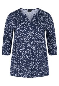 Blusa floreale blu navy realizzata in tessuto, con scollatura a V e maniche a tre quarti. Motivo floreale bianco su tutta la superficie.