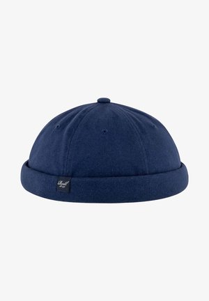 Dunkelblaues Cap mit rundem Oberteil, aus strukturierter Stoff gefertigt, mit einem aufgerollten Schirm und einem kleinen Etikett mit dem Markennamen an der Seite.