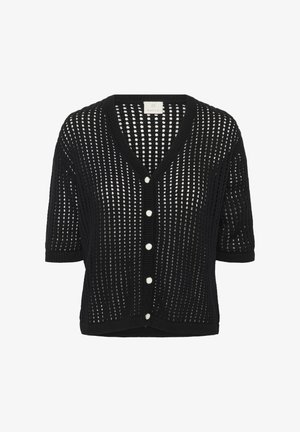 Cardigan nero lavorato a maglia con scollo a V, maniche corte e ampio motivo a rete. Presenta bottoni bianchi e dettagli a coste sull'orlo.