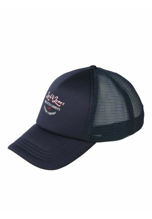 Cappellino da baseball navy con parte anteriore rigida, retro in rete e logo ricamato in rosso e bianco. Presenta una visiera curva e una fascia regolabile.