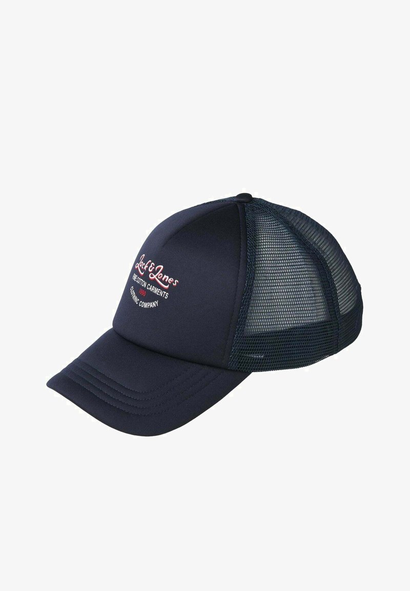 Cappellino da baseball navy con parte anteriore rigida, retro in rete e logo ricamato in rosso e bianco. Presenta una visiera curva e una fascia regolabile.