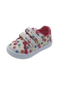 Sneakers bianchi in tela con motivo floreale colorato, dettagli rosa e doppie strap in Velcro. Suola in gomma testurizzata per una migliore aderenza.