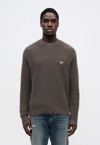 Rjavo rebrasto pleteno pulover s okroglim izrezom in dolgimi rokavi. Ponaša se z majhnim logotipom na prsih. Obuto z uničenimi modrimi kavbojkami.