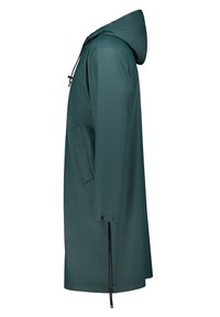 Teal waterdichte jas met capuchon, voorzien van een zijzak, verstelbaar koord en zwarte ritsaccenten aan de onderkant. Gladde, matte textuur.