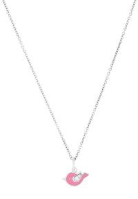 Collana in argento con pendente a forma di uccello rosa, caratterizzato da un dettaglio luccicante sulla ala. Il pendente è piccolo e di forma rotonda.