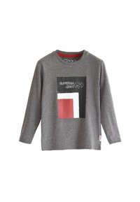 T-shirt grigio a maniche lunghe in cotone, con grafica frontale in nero, bianco e rosso con testo "SUPERGA". Collo rotondo, etichetta sul lato.