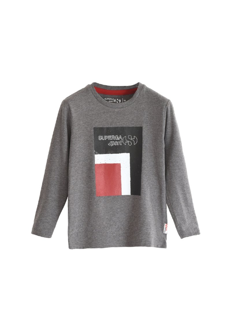 T-shirt grigio a maniche lunghe in cotone, con grafica frontale in nero, bianco e rosso con testo "SUPERGA". Collo rotondo, etichetta sul lato.