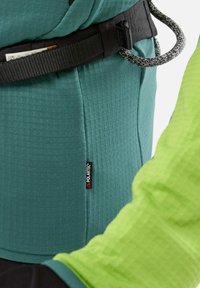 Close-up of person wearing teal Polartec fabric and green sleeve with a black climbing harness and rope loop.