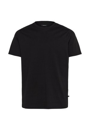 Svart bomullströja med rundad halsringning och korta ärmar. Enkelt design utan mönster eller accenter. Standardpassform med sido sömmar.