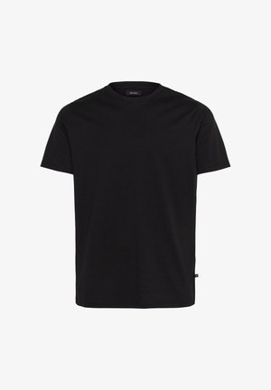 Melna kokvilnas T-kreklu ar apaļu dekoltē un īsām piedurknēm. Vienkāršs dizains bez rakstiem vai akcentiem. Standarta piegriezums ar sānu šuvēm.