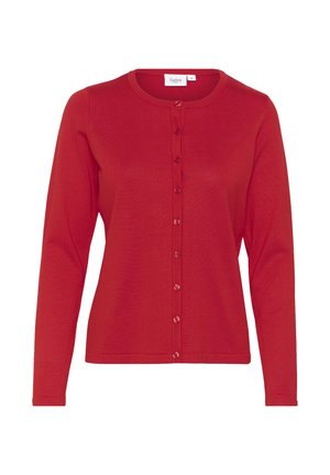 Cardigan lung cu mâneci lungi, de culoare roșie, confecționat dintr-un material tricotat, având un guler rotund și închidere frontală cu nasturi. Textură netedă cu detalii subtile de nervură.