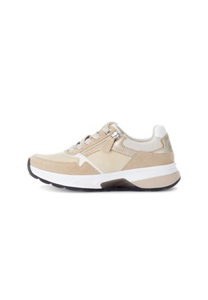 Beige sneaker with suede and mesh materials. Features laces, a side zip, and a thick white midsole with a black rubber outsole.