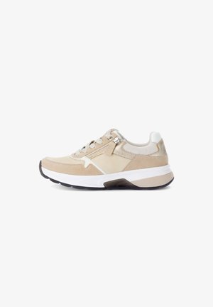 Beige sneaker with suede and mesh materials. Features laces, a side zip, and a thick white midsole with a black rubber outsole.