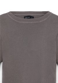 Top corto grigio lavorato a maglia con maniche corte e scollatura rotonda, caratterizzato da una texture a costine e un'etichetta interna con la scritta "CALLIOPE S."