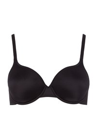 Schwarzer BH mit Unterdraht aus glattem Satin, konturierten Cups, verstellbaren Trägern und nahtlosem Design. Klassische, schlichte Ästhetik.