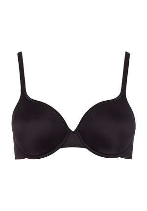 Black underwire bra with smooth satin fabric, contoured cups, adjustable straps, and a seamless design. Classic simple aesthetic.