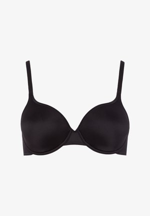 Black underwire bra with smooth satin fabric, contoured cups, adjustable straps, and a seamless design. Classic simple aesthetic.