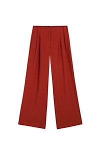 Wide-leg pants in deep red, featuring pleats at the waist and a smooth texture, with a loose, flowing design that enhances comfort.