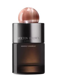 Der Flakon des Molton Brown Heavenly Gingerlily Parfums hat eine glatte, schwarze Basis, einen klaren Glasmittelteil und einen abgerundeten, rosa Kappen.