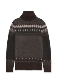 Suéter de cuello alto marrón y gris oscuro con patrones geométricos en blanco y granate en el pecho, las mangas y el dobladillo.