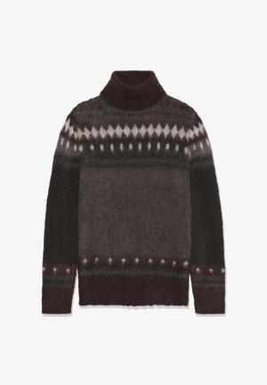 Brown and dark gray turtleneck sweater with white and maroon geometric patterns across chest, sleeves, and hem.