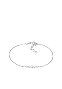 Bracciale in argento con una fila di cinque gemme trasparenti, dotato di chiusura a moschettone e lunghezza regolabile per una vestibilità personalizzata.