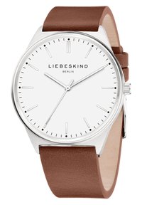 Orologio tondo con quadrante bianco, cassa argentata, cinturino in pelle marrone, indicatori dell'ora minimalisti e nome del marchio "LIEBESKIND BERLIN" in alto.