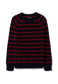 Maglione lavorato a maglia blu navy con strisce orizzontali rosse, colletto a girocollo e polsini e orlo a costine.