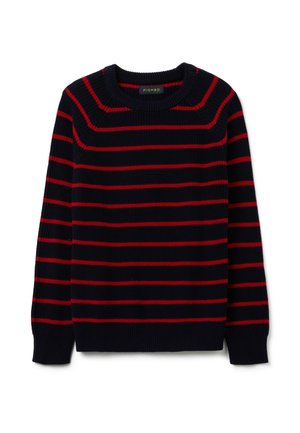 Navy blue knitted sweater with red horizontal stripes, crew neck, and ribbed cuffs and hem.