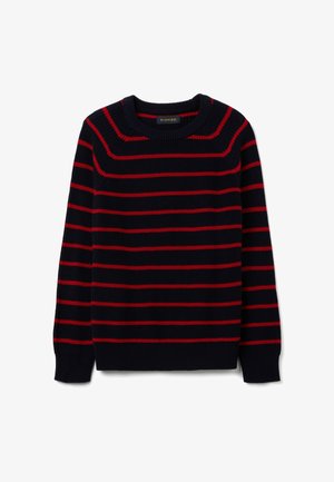 Jersey de punto azul marino con rayas rojas horizontales, cuello redondo y puños y bajo acanalados.