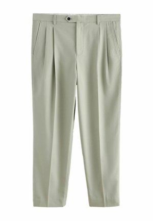 Light gray tailored trousers with front pleats, side pockets, button closure, and straight legs.