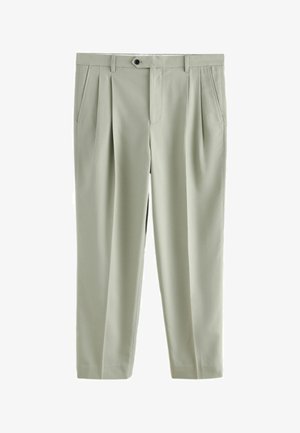 Hellgraue, maßgeschneiderte Hose mit vorderen Falten, Seitentaschen, Knopfverschluss und geraden Beinen.