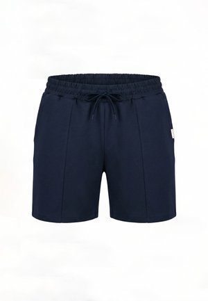 Mørkeblå shorts med elastik i taljen, snøre, forkanter og sidelommer på hvid baggrund.