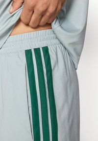 Ανοιχτό γκρι αθλητικό σορτς με πράσινες κάθετες ρίγες. Διαθέτει ελαστική μέση και μαλακό, υφασμάτινο υλικό με υφή. Χέρι σηκώνει ελαφρώς το πουκάμισο.