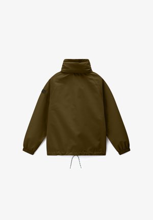 Olive green windbreaker jacket with high collar, elastic cuffs, and adjustable drawstring at hem, shown from the back on white background.