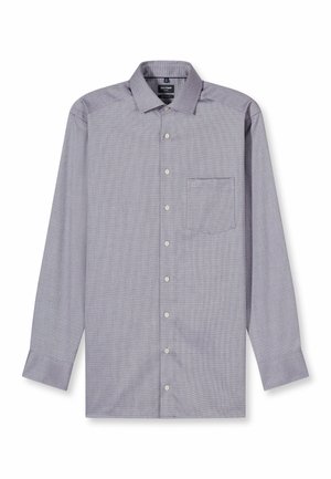 Langärmliges Hemd in Helllila mit einem dezenten geometrischen Muster, Kragen, einer Brusttasche und Knopfleiste.