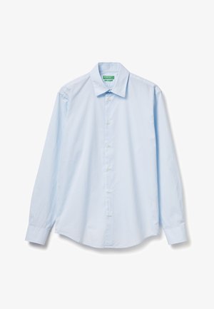 Lichtblauw geruit overhemd met lange mouwen van zachte katoen; heeft een klassieke kraag en een knoopsluiting aan de voorkant met bijpassende knoopjes.