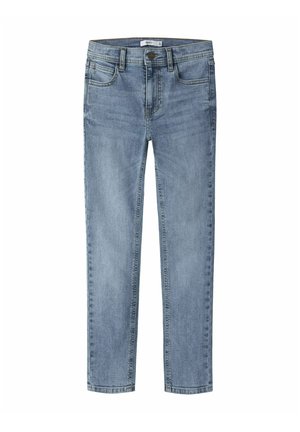 Lyseblå slim fit jeans med forreste knap og lynlås, to forlommer og bæltestropper.