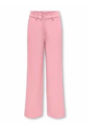 Ružové nohavice s priamym strihom, zapínaním na gombík a zips, s pútkami na opasok a bez viditeľných vreciek, zobrazené na hladkom bielom pozadí.