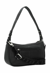 Borsa a spalla nera in pelle con finitura texturizzata, chiusure con zip e tracolla regolabile con motivo logo.