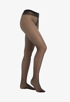 Zwarte sheer panty met een kantaccent op de tailleband. Glad textuur en strakke pasvorm, bedekt de benen van taille tot tenen.